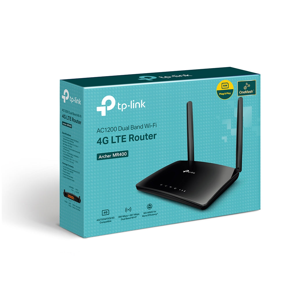 TP-Link Archer MR400 AC1200 Wireless Dual Band 4G LTE Router | MU-MIMO | Two detachable antennas TP-Link Archer MR400 AC1200 Wireless Dual Band 4G LTE Router | MU-MIMO | Two detachable antennas